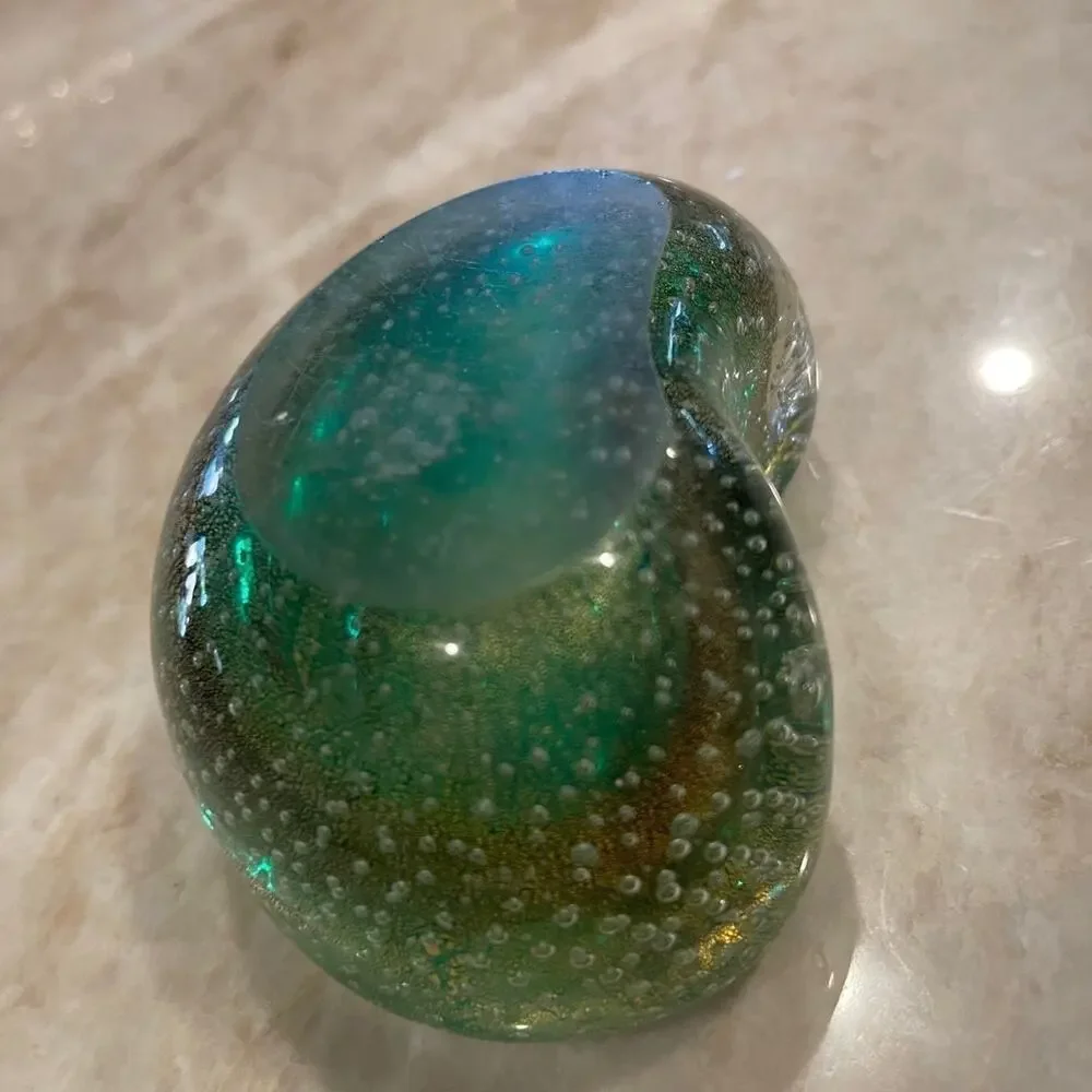 Vintage Murano glass candy dish Green with gold beautiful  bean shaped